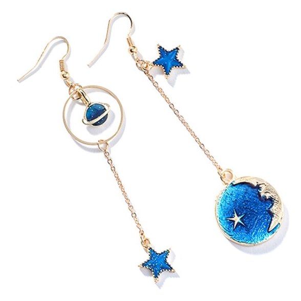 Accessories have a flat rate shipping of $2.50 worldwide. Magical celestial earrings with dangly planet, moon and star charms. Celestial Star Charm Round Earrings, Celestial Moon Earrings With Star Charm, Celestial Dangle Earrings With Star Charm, Celestial Style Dangle Earrings With Star Charm, Celestial Moon Shaped Earrings With Star Charm, Celestial Moon-shaped Earrings With Star Charm, Star-shaped Metal Earrings With Dangling Charms, Celestial Crescent Earrings With Star Charm, Moon Phase Star Earrings For Gift