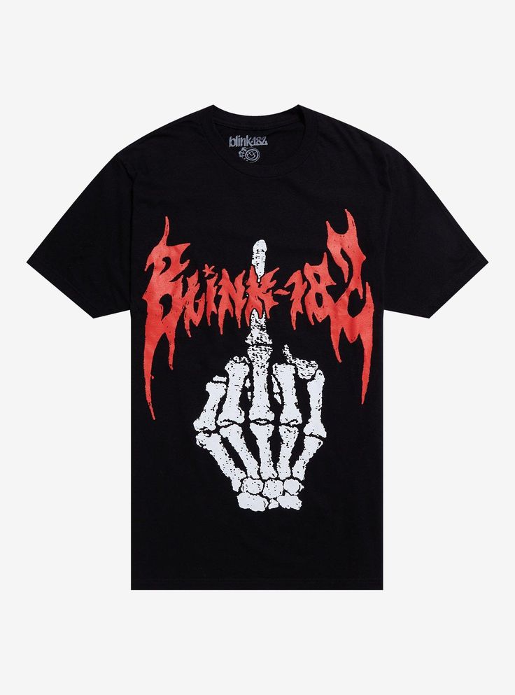 Turn up that crappy punk rock! This Blink-182 tee shows the band's logo in a red heavy metal font  with a skeleton hand giving the middle finger.100% cottonWash cold; dry lowImportedListed in men'sunisex sizes Heavy Metal Font, Blink 182 Shirt, Pop Punk Music, Skeleton Finger, Punk Tee, Metal Font, Punk T Shirt, Music Tees, Punk Music