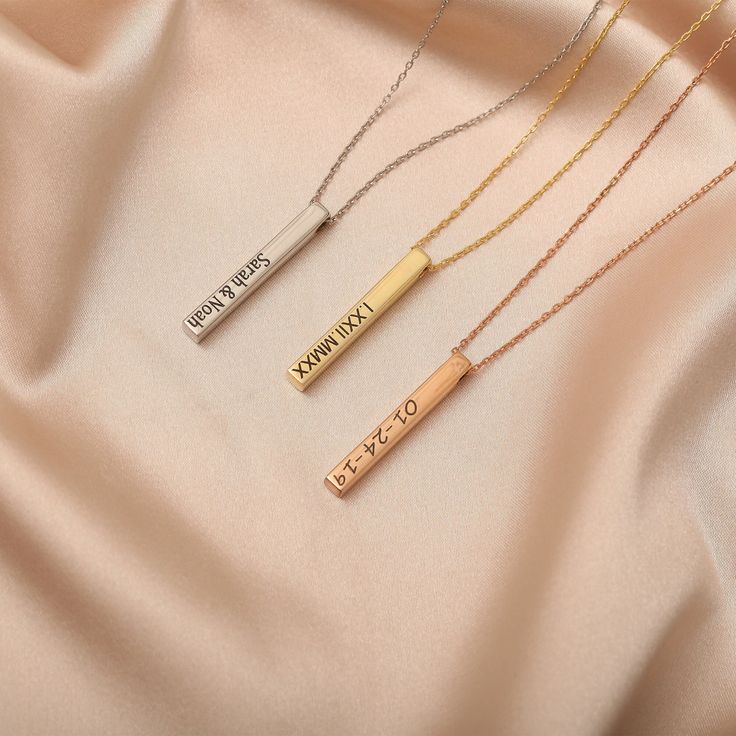 "We'll create this personalized 3D Bar Necklaces just for you!! Our 3D Bar Necklaces are great for layering, a wonderful minimalist piece, perfect gift for your friends, wife, girlfriend, grandma or simply to treat yourself! Engraved and hand crafted with care and love, it comes in 14k gold fill, rose gold fill, or sterling silver. Material: High-Quality Solid 925 Sterling Silver Finish: Gold, Silver, Rose Gold The necklaces is finished with either 14K gold fill, rose gold fill, or 925. sterling 3d Necklace, Custom Bar Necklace, Gold Bar Bracelet, Bar Necklaces, Vertical Bar Necklace, Bar Necklace Personalized, Vertical Bar, Custom Bar, Initial Bracelet