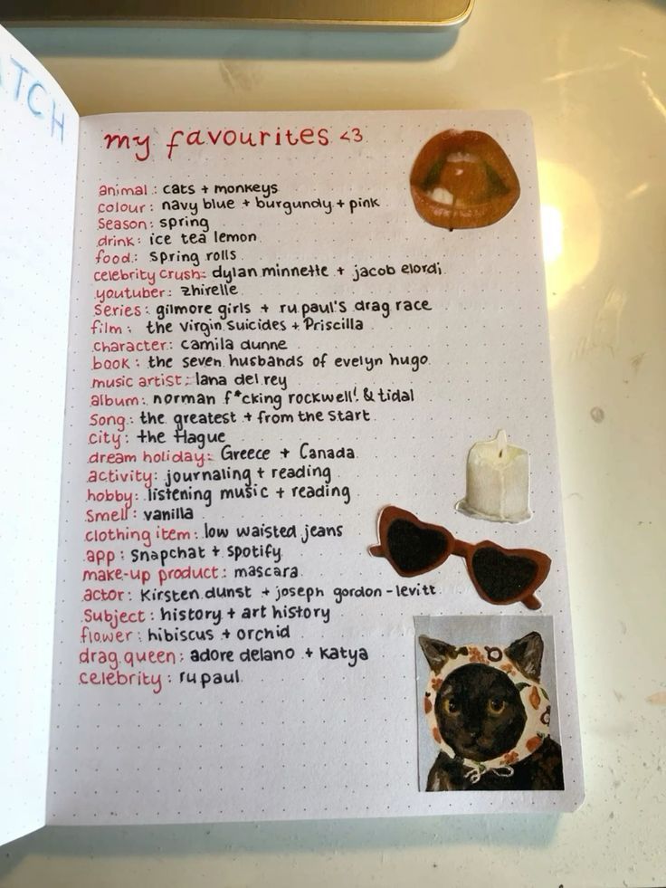 a page in a notebook with pictures of cats and other things to write on it