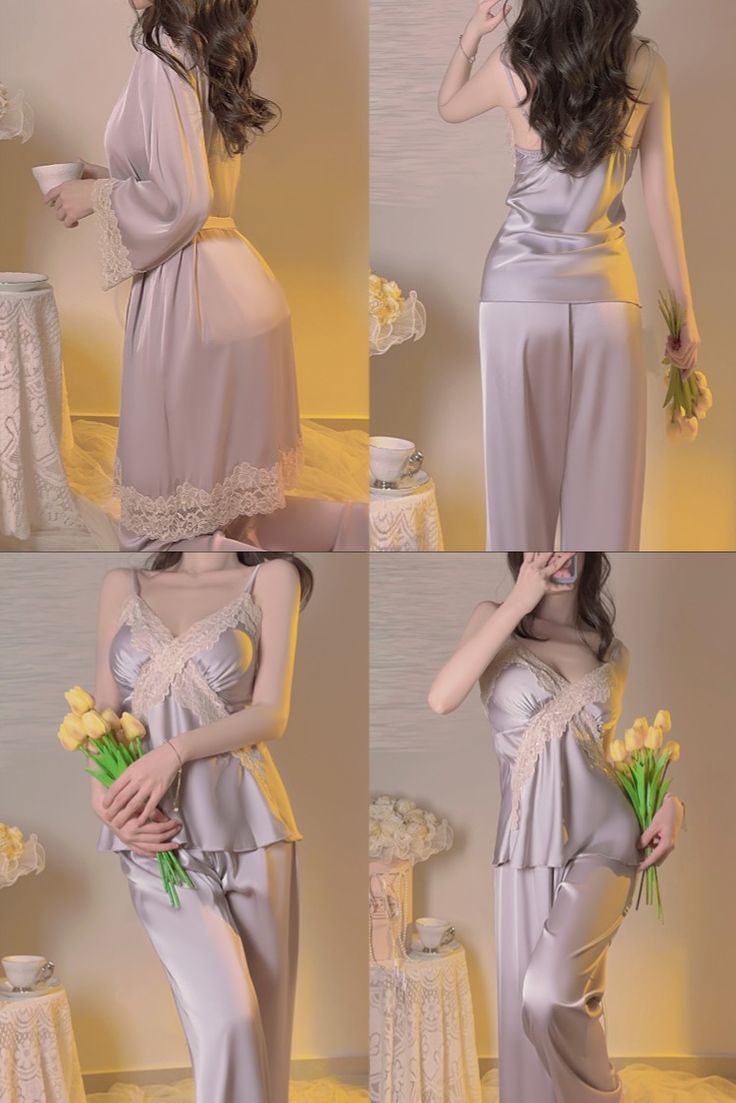 Pretty pajamas, Sleepwear women pajamas, Pajamas aesthetic, #Sleepwear #Pajamasaesthetic #pajamas #lacepajamas Luxury Elegant Sleepwear With Delicate Lace, Elegant Floor-length Sleepwear, Pajamas Women Aesthetic, Silk Sleepwear With Delicate Lace, Aesthetic Sleepwear, Cottagecore White Sleepwear With Lace Trim, Korean Silk Pajamas, Pretty Pajamas, Robe Pajamas