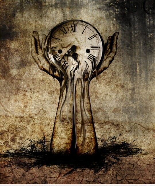 a clock in the middle of two hands with trees and branches around it, against a grungy background