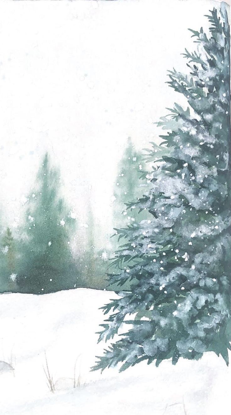 a watercolor painting of a snowy scene with a pine tree in the foreground