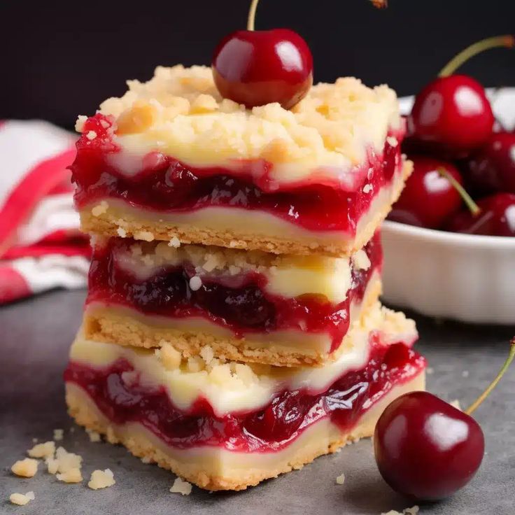 cherry cheesecake bars stacked on top of each other with cherries in the background