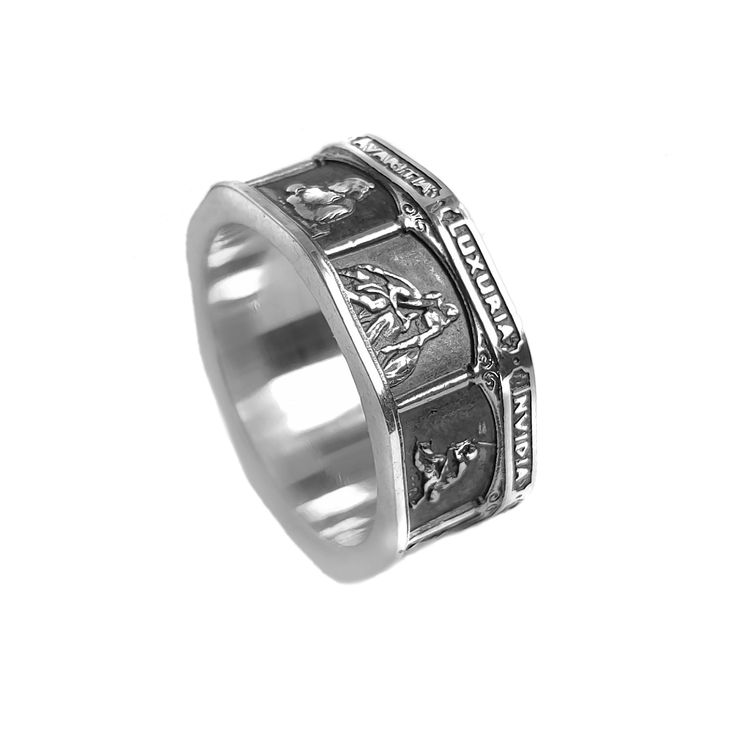 Seven Cardinal Sins theological Ring from INDIGO Jewelry Embrace the profound and provocative with our Seven Deadly Sins Ring, meticulously crafted in fine sterling silver. This unique piece serves not only as a stunning adornment but also as a contemplative artifact, inviting reflection on moral philosophy and personal ethos. Each of the seven segments intricately represents a different sin, reminding the wearer of the balance between virtue and vice. Ideal for those who appreciate the symbolis Spiritual Ring With Engraving Option, Spiritual Engraved Ring Jewelry, Spiritual Promise Rings With Engraving Option, Spiritual White Gold Engraved Ring With Polished Finish, Spiritual Silver Signet Ring For Wedding, Spiritual Engraved Ring For Promise With Polished Finish, Spiritual Hallmarked Open Ring, Sterling Silver Spiritual Engraved Ring, Spiritual White Gold Ring Stamped 925