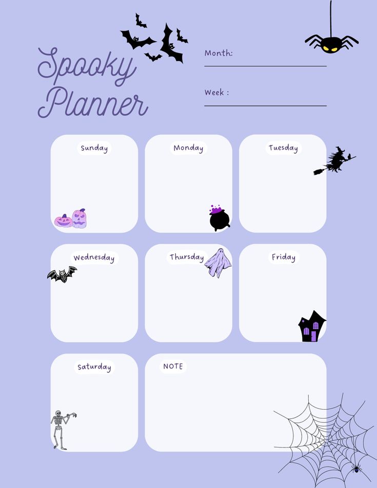 a printable halloween planner with bats and spider webs on the page, in purple