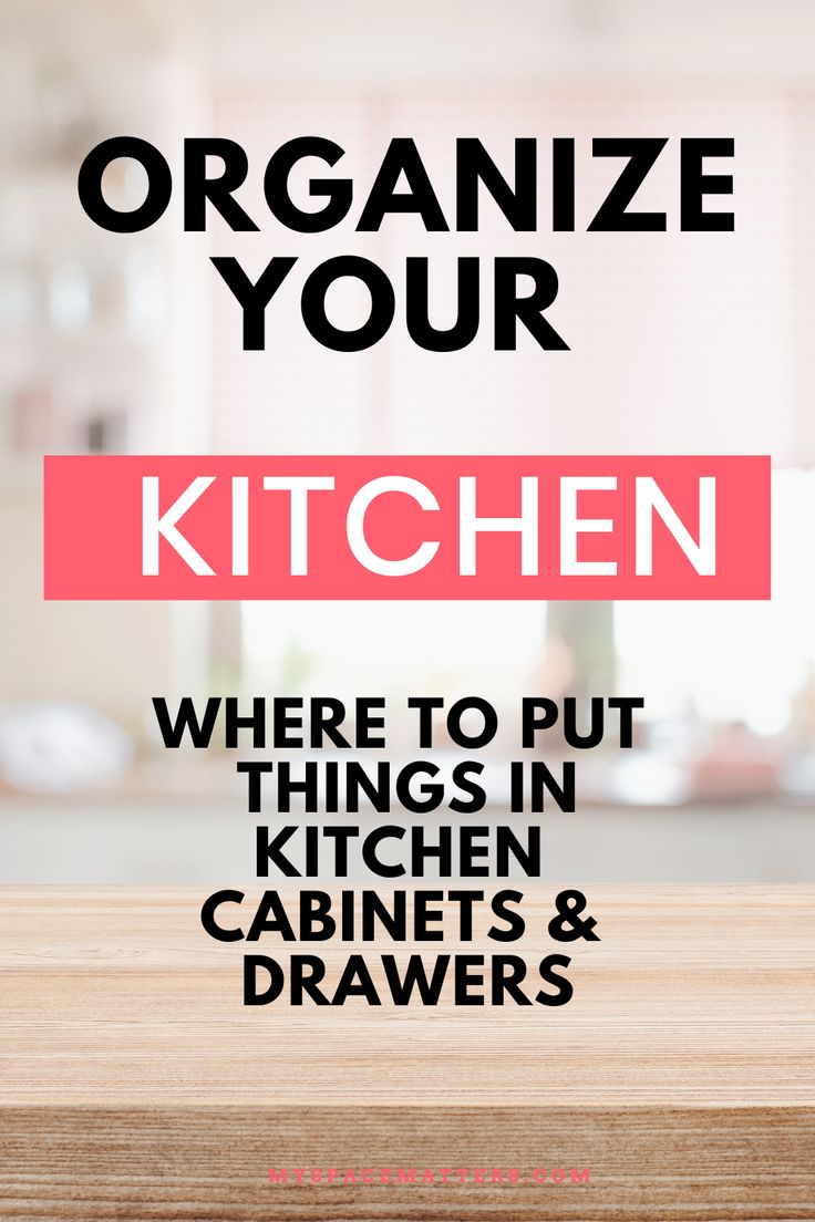 a kitchen counter with the words organize your kitchen where to put things in cabinets and drawers