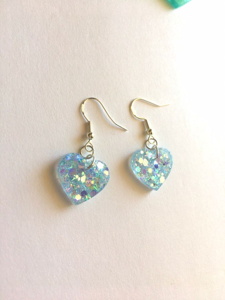 Light Blue Glittery Heart Earrings Handmade Dainty Dangle - Etsy Blue Pierced Heart Drop Earrings, Blue Pierced Heart Earrings For Gift, Blue Pierced Heart Earrings As Gift, Blue Pierced Heart Earrings, Blue Hypoallergenic Heart Earrings, Hypoallergenic Blue Heart Earrings, Blue Dangle Heart Earrings For Party, Cute Handmade Light Blue Earrings, Blue Dangle Heart Pierced Earrings