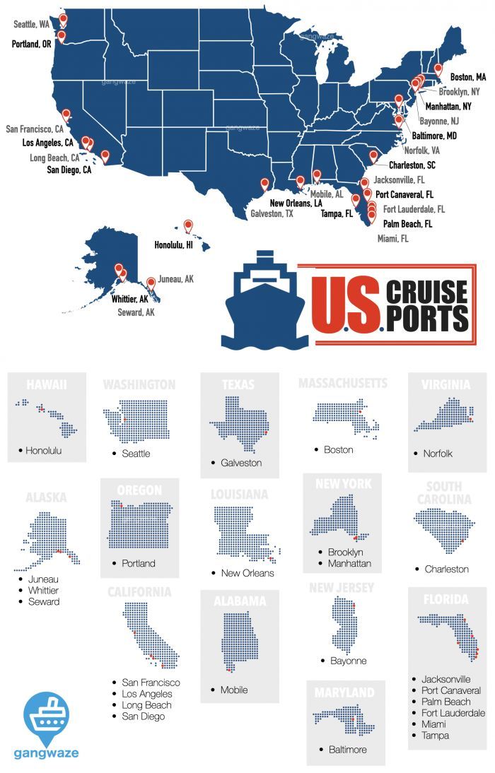 the us cruise points map is shown in red, white and blue