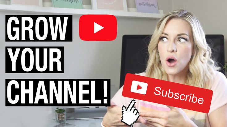 a woman holding up a red sign with the words grow your channel subscibe