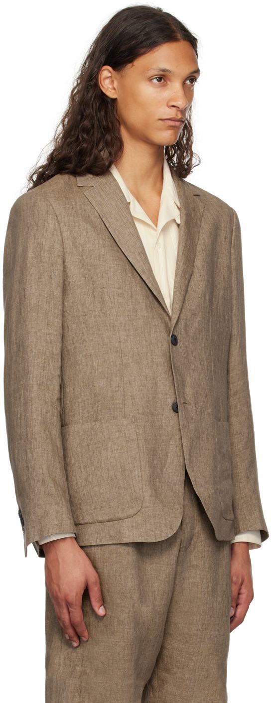 Lightweight linen hopsack blazer. · Notched lapel · Button closure · Patch pockets · Three-button surgeon's cuffs · Central vent at back hem · Welt pockets at interior · Partial viscose satin lining Supplier color: Dark sand Classic Linen Blazer With Pockets, Linen Blazer With Notch Lapel And Button Closure, Formal Linen Blazer With Patch Pockets, Classic Linen Blazer With Patch Pockets, Formal Linen Sport Coat With Pockets, Business Casual Linen Blazer With Patch Pockets, Linen Blazer With Patch Pockets For Business Casual, Formal Linen Blazer With Pockets, Tailored Linen Blazer With Patch Pockets