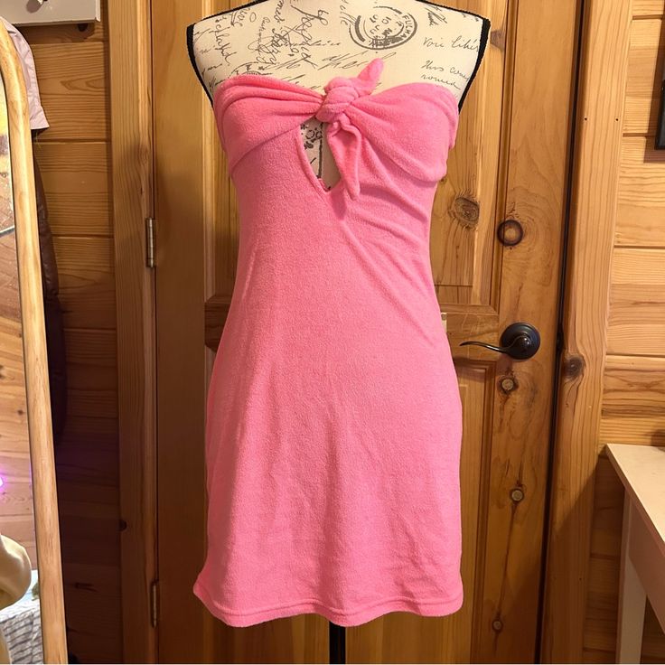 Beach Cover Up Or Casual Dress, Terry Cloth/ Towel Like Material, Hot Pink, Adjustable Tie In Front With Keyhole, Scrunch Back, Fits Size Xs To S, Mini Dress, Like New Never Worn Without Tags Summer Strapless Stretch Mini Dress, Summer Stretch Strapless Mini Dress, Strapless Stretch Summer Mini Dress, Strapless Stretch Mini Dress For Vacation, Casual Strapless Dress For Night Out In Spring, Casual Strapless Dress For Spring Night Out, Spring Stretch Strapless Dress For The Beach, Stretch Strapless Dress For Beach In Spring, Spring Strapless Stretch Dress For The Beach