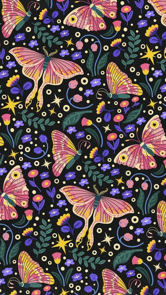 colorful butterflies on black background with flowers and stars in the sky, seamless fabric