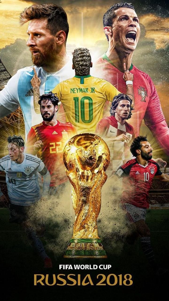 the official poster for the 2018 world cup in arabic and english, with images of soccer players