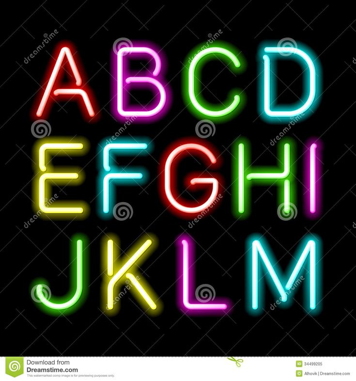 the neon alphabet with letters and numbers on a black background stock photo - image 3997