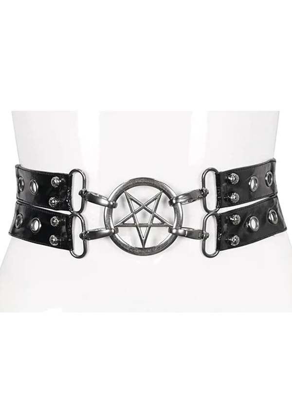 Edgy black leather belt featuring a large silver pentagram buckle and studded details. Multiple adjustable straps for a customizable fit. Perfect for adding a bold, occult-inspired touch to gothic, punk, or alternative outfits. Ideal for cinching dresses or accenting high-waisted bottoms. Material: 100% Synthetic Leather Goth Staples, Inverted Pentacle, Staple Outfits, Gothic Jackets, Double Buckle Belt, Star Ornaments, Garment Details, Clothing Staples, Victorian Clothing