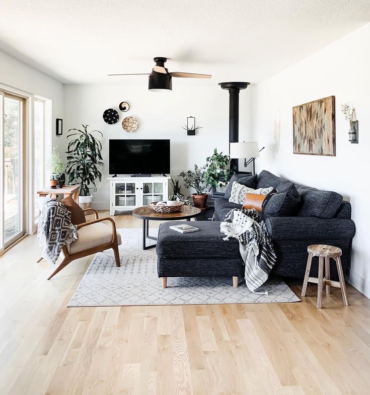 a living room filled with furniture and a flat screen tv mounted to the side of a wall