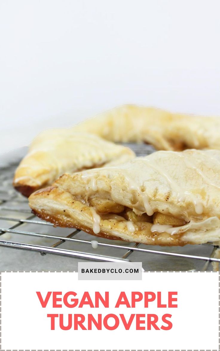 vegan apple turnoverers on a cooling rack with text overlay reading vegan apple turnoverers