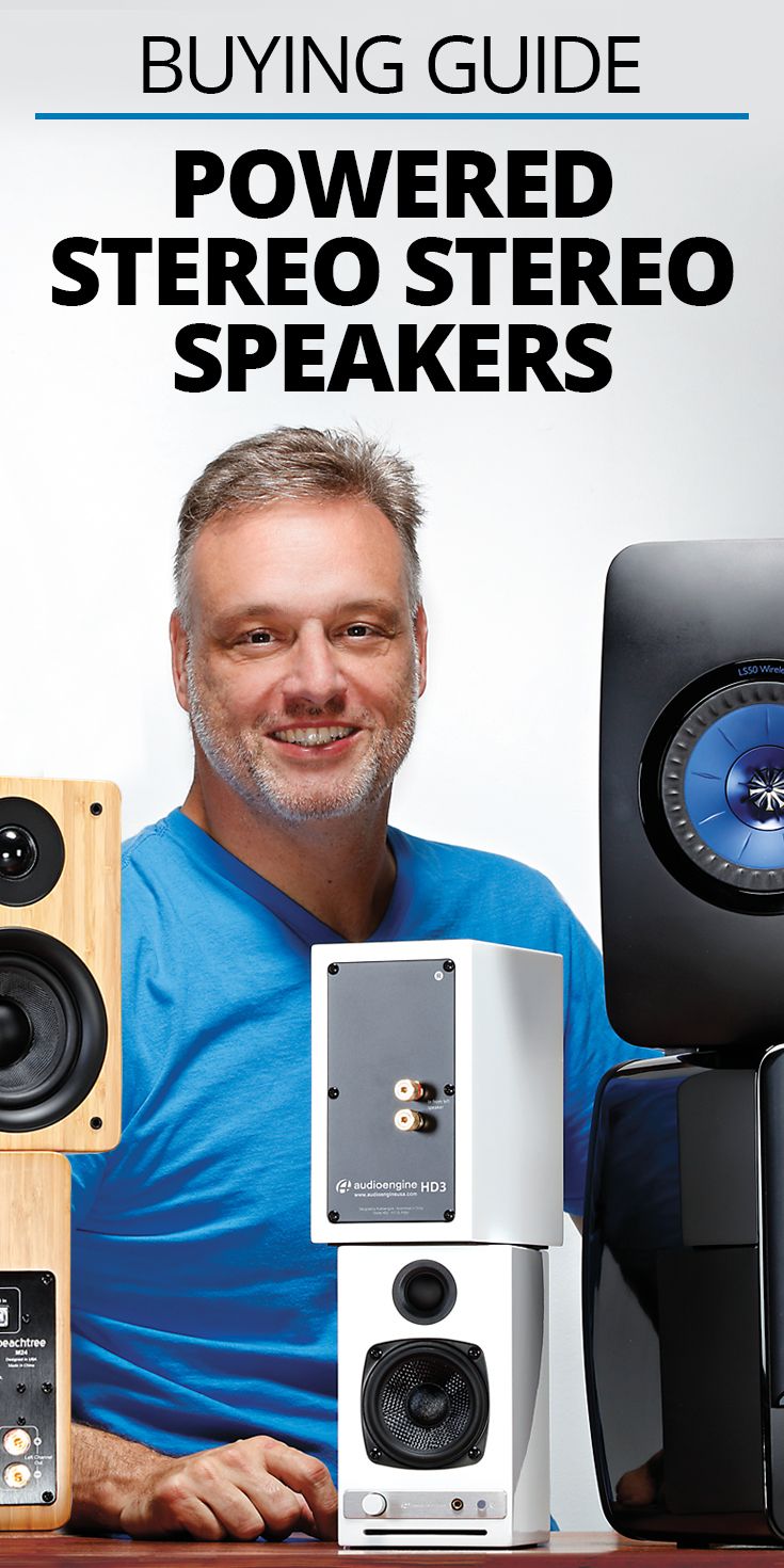 a man sitting in front of speakers with the title buying guide powered stereo speaker speakers