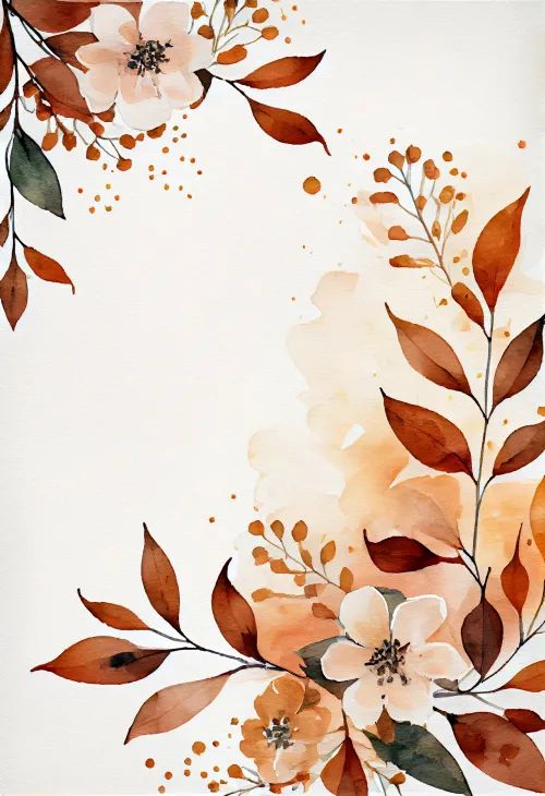 watercolor flowers and leaves are painted on white paper with oranges, browns and greens