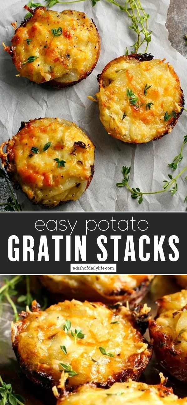 an easy potato and cheese appetizer with text overlay that says easy potato and gratine stacks