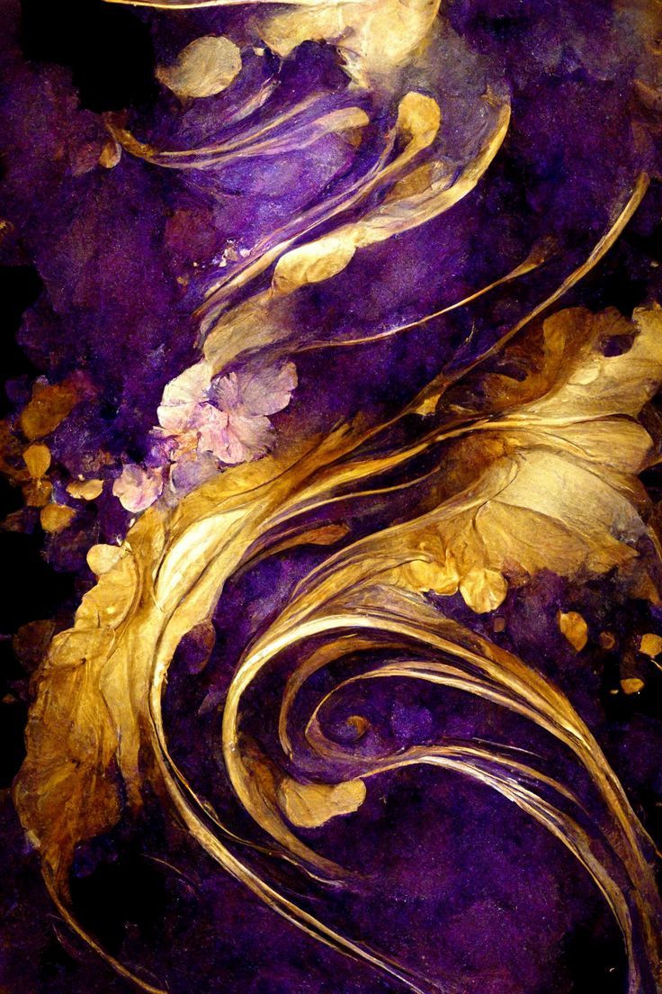 an artistic painting with gold and purple colors on the bottom, along with flowers in the middle