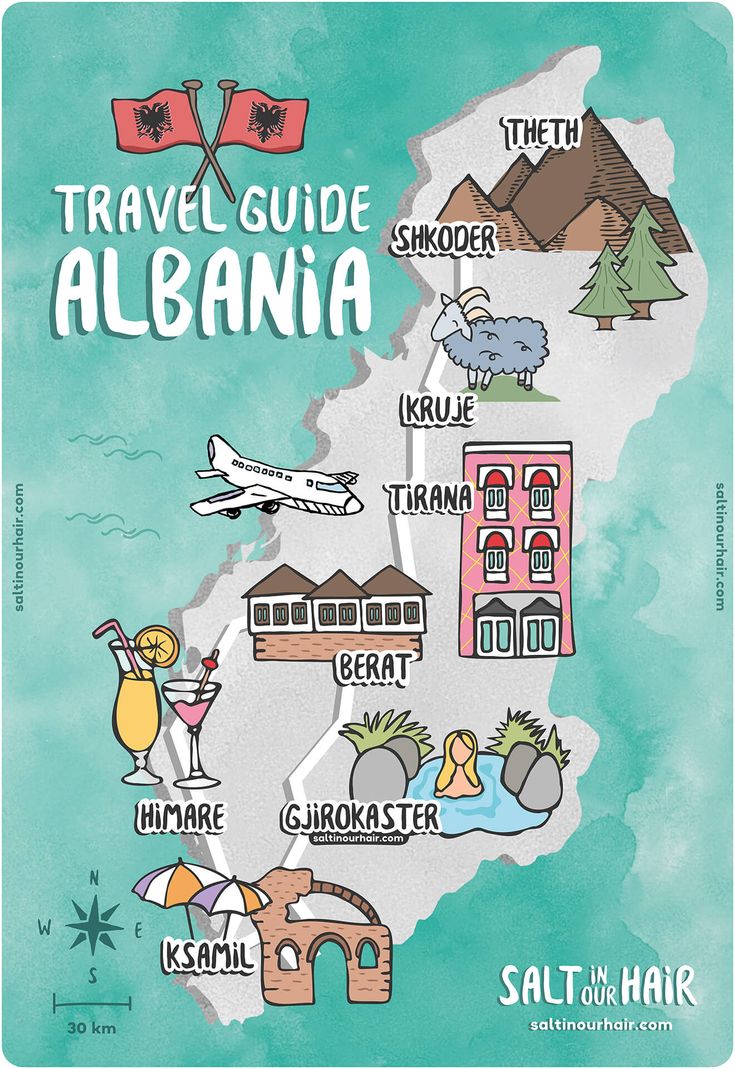 an illustrated map with the words travel guide albana on it's side