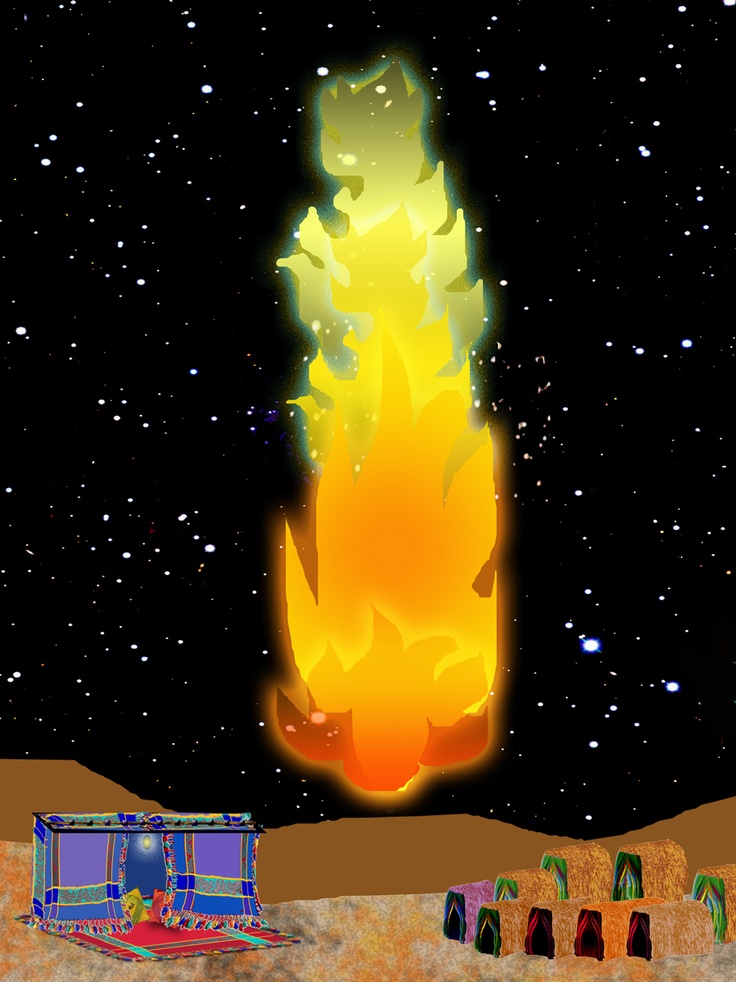 an animated image of a fire in the middle of some desert with buildings around it