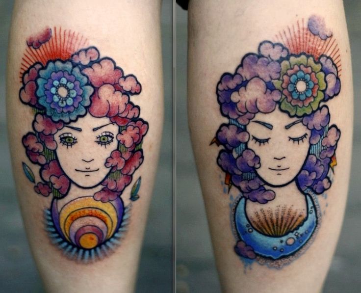 two tattoos on the legs of women with flowers in their hair and an image of a woman's face