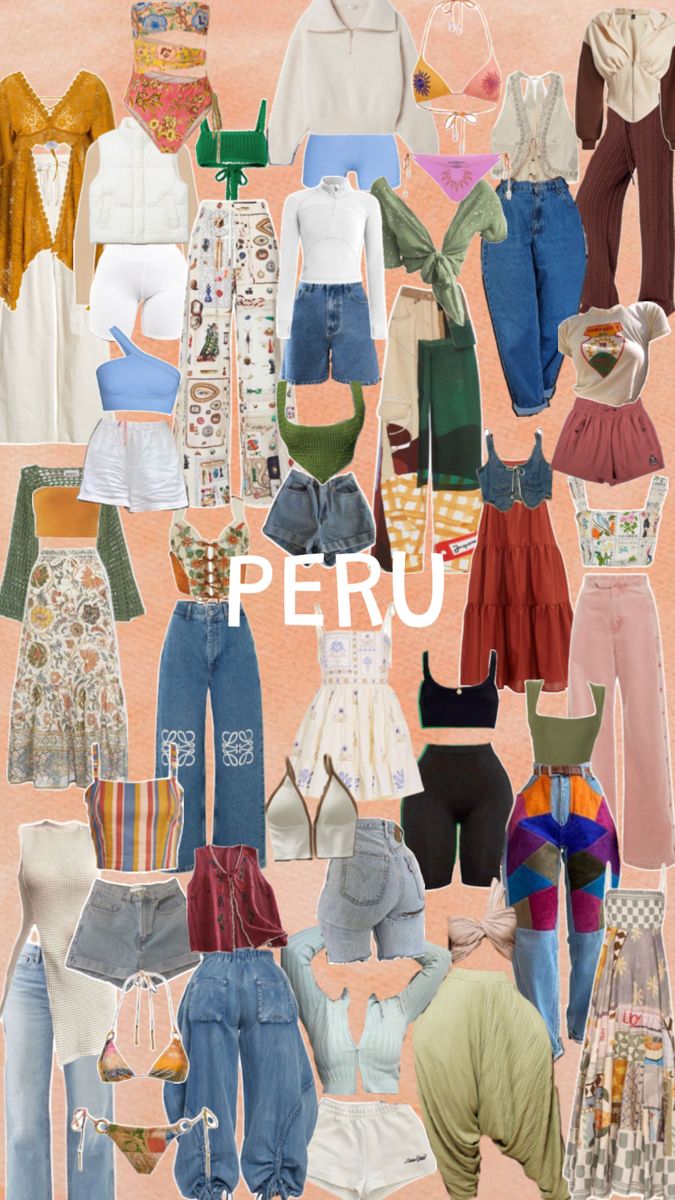 a collage of clothes and shoes with the words peru written on them in white