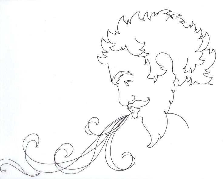 a drawing of a man's face with swirly lines on it and his hair blowing in the wind