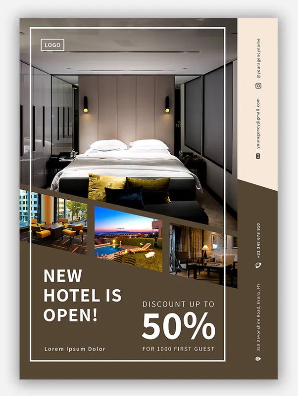 an advertisement for a hotel with pictures of the room and bed in front of it