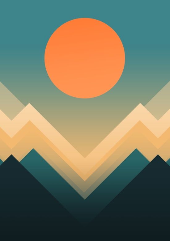 the sun is setting over some mountains in the distance, with an orange circle above it