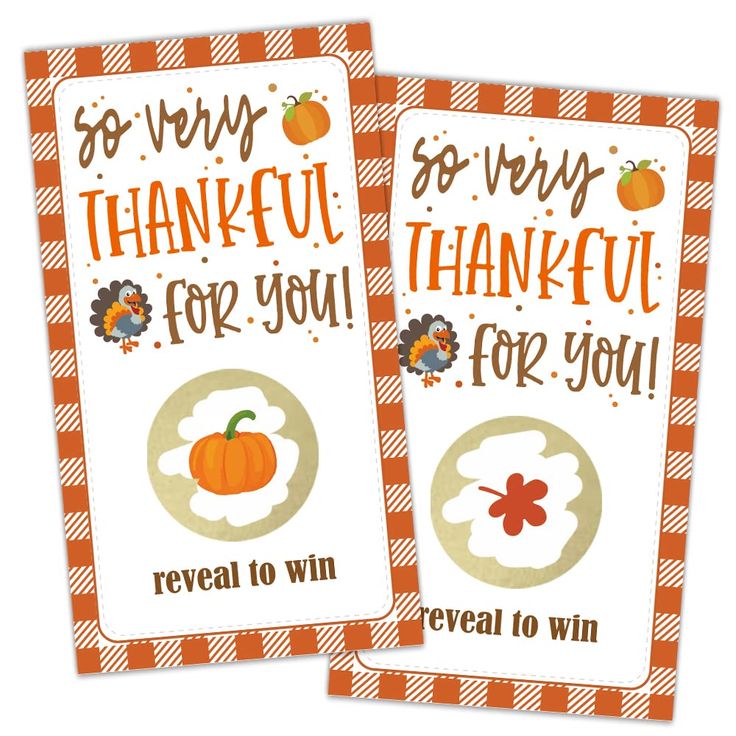 two thanksgiving cards with the words, so very thank for you and reveal to win