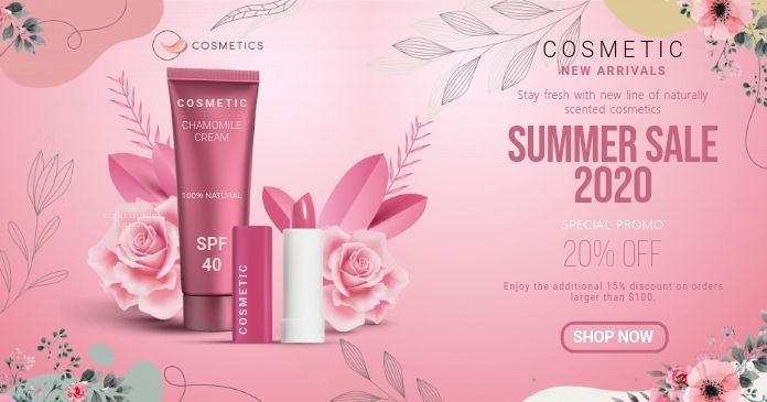 an advertisement for cosmetic products with pink flowers and leaves on the side, in front of a pink background