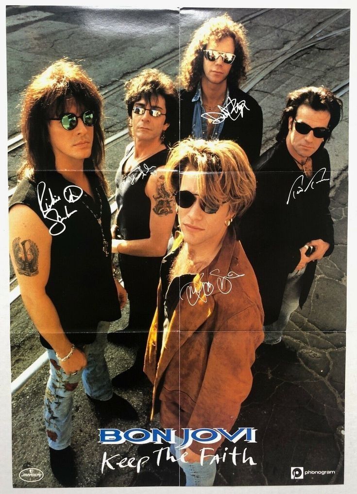 an advertisement for bonjovi keep the faith featuring two men in sunglasses and one man with