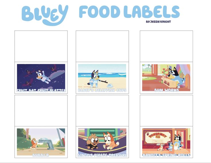 an image of cartoon food labels with dogs and cats on them in various styles, sizes and colors