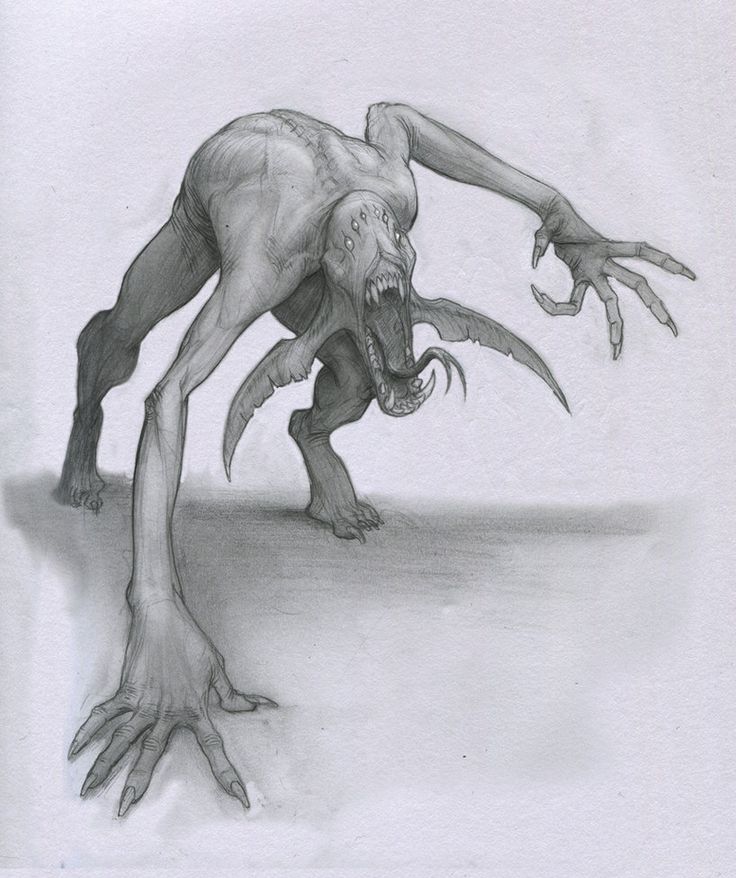 a drawing of a monster with its mouth open and hands extended to the side,