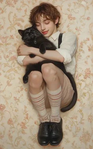 a woman holding a black cat while sitting on top of a wallpapered floor