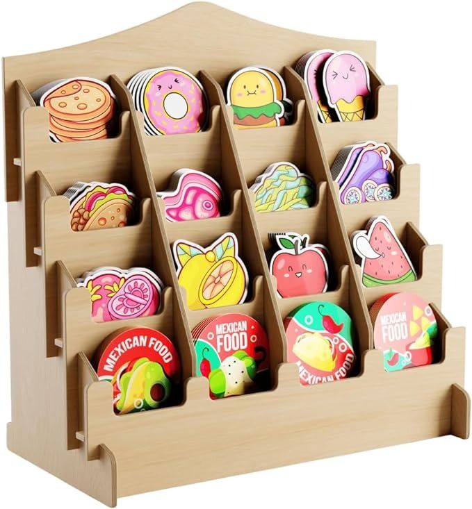 a wooden toy display filled with lots of magnets