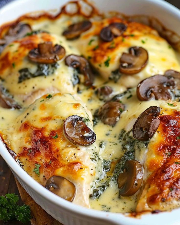 a casserole dish with mushrooms and cheese