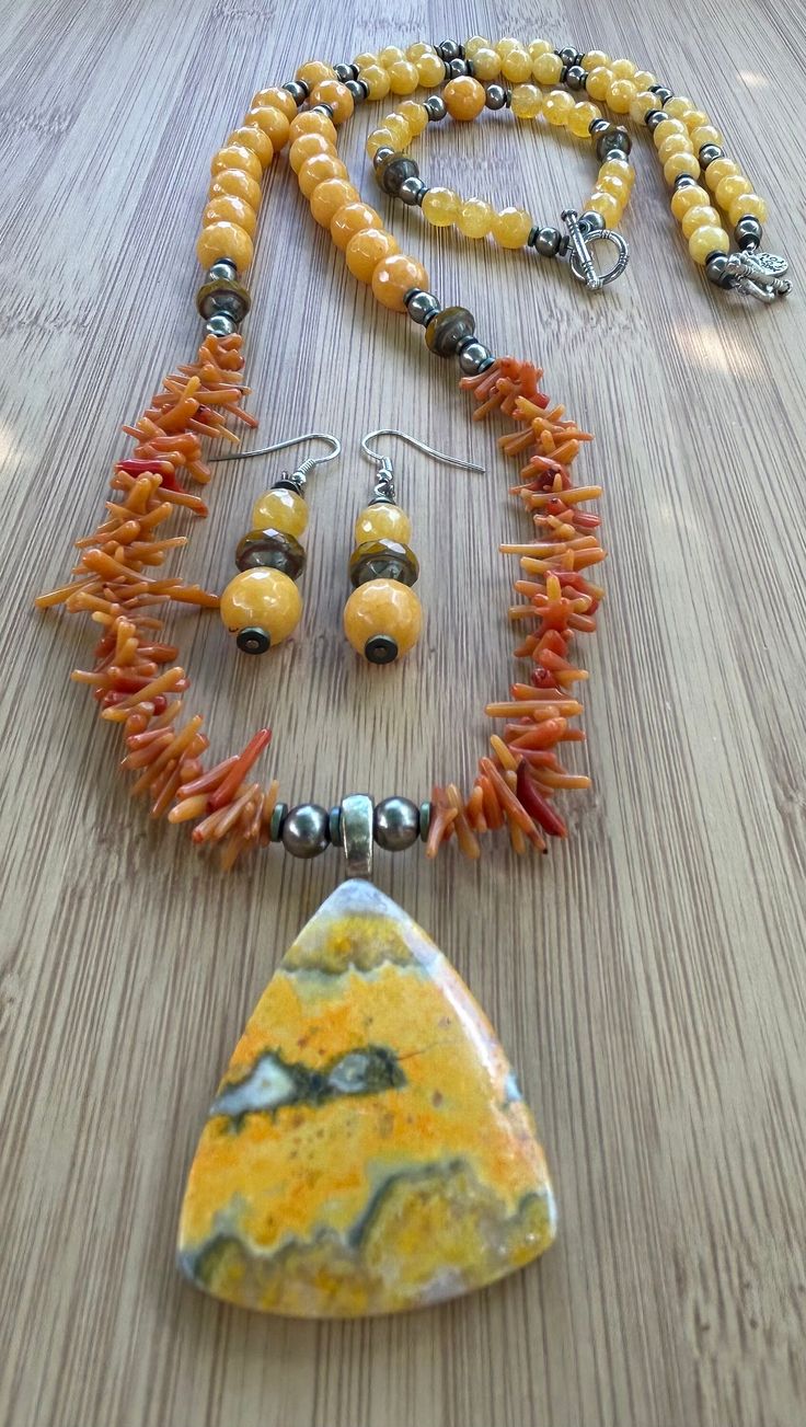 yellow jasper, coral and bumble bee jasper pendant, necklace 31 inch, bracelet 7.5 inch light orange and yellow Orange Jewelry With Natural Stones For Jewelry Making, Carnelian Gemstone Beads Jewelry, Unique Carnelian Gemstone Beads Jewelry, Unique Yellow Gemstone Jewelry, Jasper Natural Stone Jewelry For Jewelry Making, Orange Bohemian Jewelry With Gemstone Beads, Jasper Gemstone Jewelry For Jewelry Making, Unique Amber Gemstone Beads Jewelry, Jasper Jewelry With Natural Stones For Healing