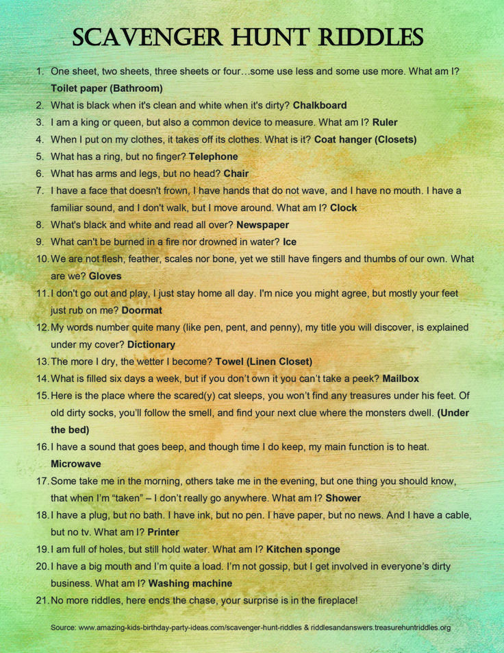 the scavenger hunt riddles are shown in green and yellow watercolng