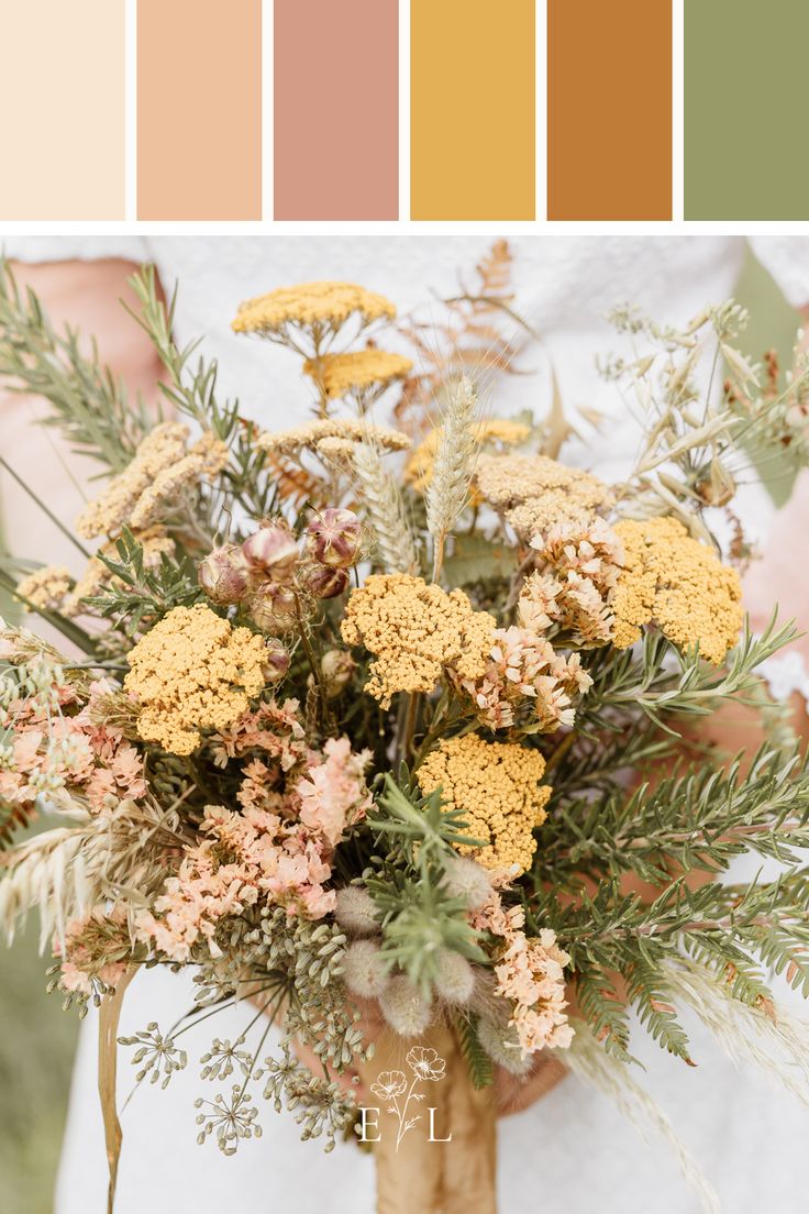 a vase filled with lots of flowers next to a color swatch in shades of brown, yellow and pink