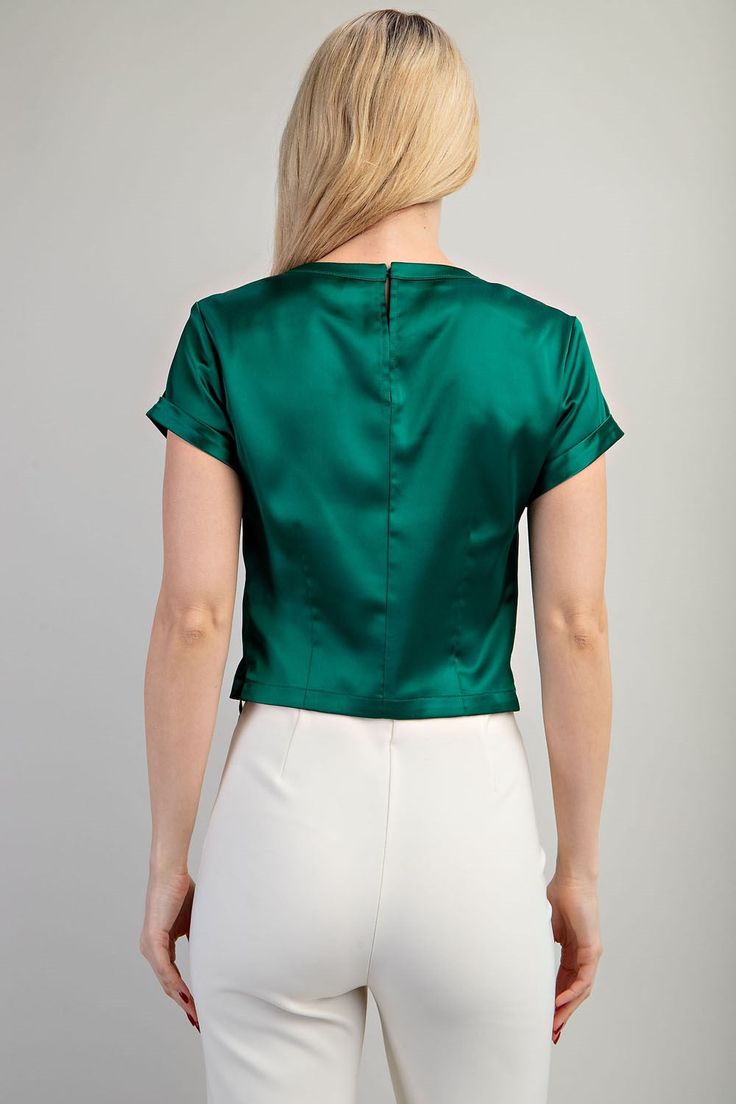 Round neck satin crop top. Gorgeous Green! Satin Padded Blouse For Night Out, Padded Satin Blouse For Night Out, Elegant Short Sleeve Crop Top For Party, Elegant Short Sleeve Party Crop Top, Fitted Satin Trendy Crop Top, Satin Crop Top For Party, Trendy Fitted Satin Crop Top, Elegant Cropped Silk Tops, Chic Satin Top For Night Out