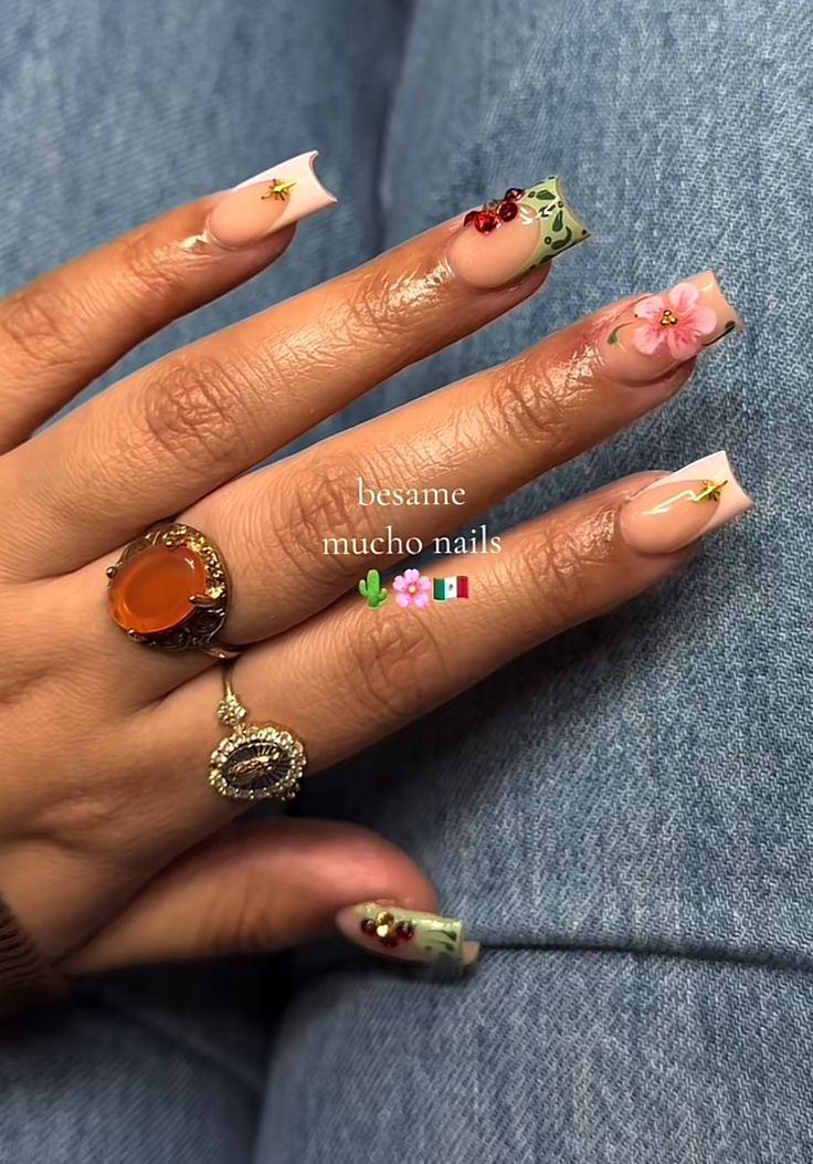 Gel X Simple Design, Square Acrylic Nails Summer 2024, Mexico Style Nails, Aesthetic Short Acrylic Nails, Short Freestyle Nail Designs, Gel X Nail Designs Summer, Tropical Nails Design, Mexico Nail Ideas, Puerto Rico Nails