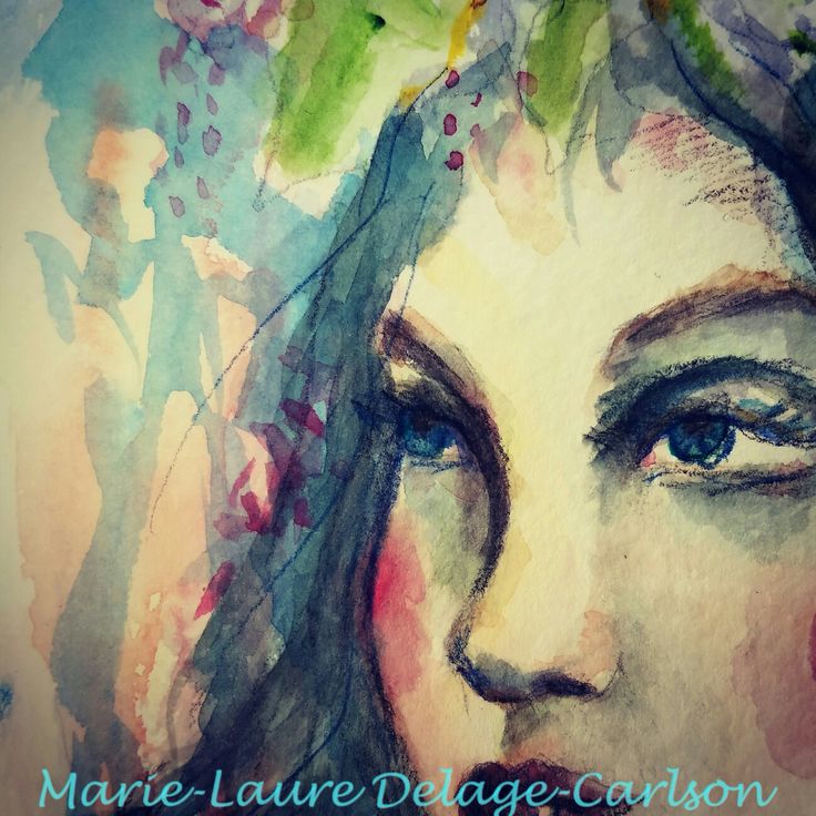 a watercolor painting of a woman's face with flowers in her hair and the words marie laure de lage - carton