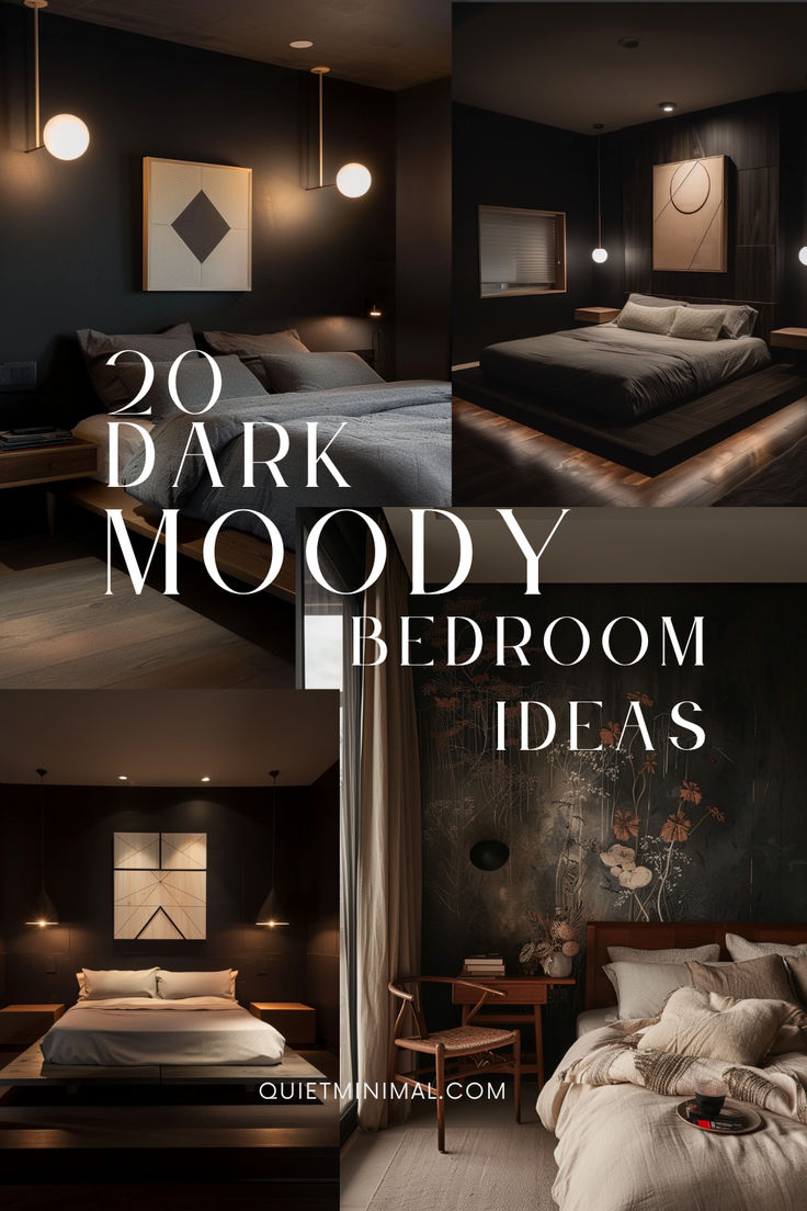 the dark bedroom is decorated with modern lighting