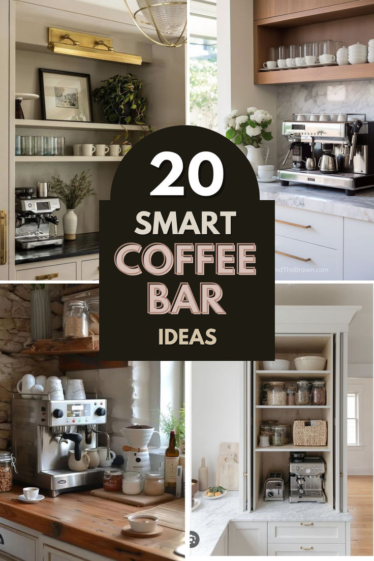 the top 20 smart coffee bar ideas for small kitchen areas, including cabinets and counter tops