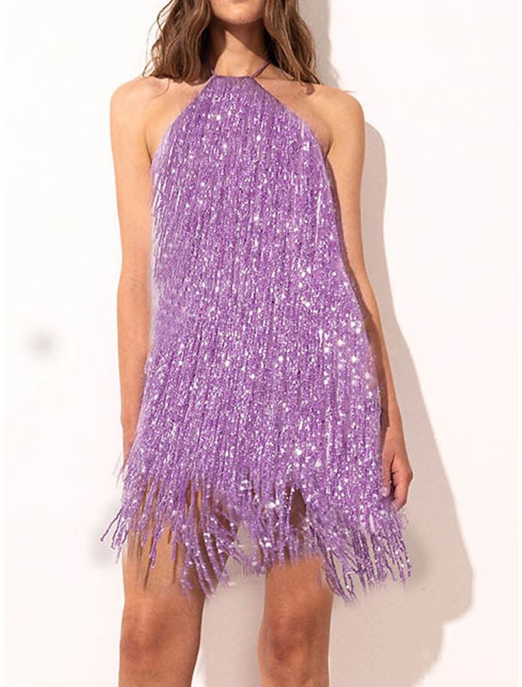 Women's Gold Sequin Dress Fringe Dress Party Dress Sparkly Dress Homecoming Dress Mini Dress Purple Sleeveless Sparkly Glitter Spring Fall Winter Halter Neck Fashion Sleeveless Flirty Dresses For Prom Season, Summer Homecoming Sequin Dress With Shimmer, Summer Homecoming Sequin Shimmer Dress, Glamorous Sleeveless Cocktail Dress, Halter Neck Mini Dress For Prom Party, Summer Party Halter Neck Evening Dress, Glamorous Embellished Halter Dress For Party Season, Halter Neck Mini Dress For Evening Holiday, Embellished Mini Dress For Summer Costume Party